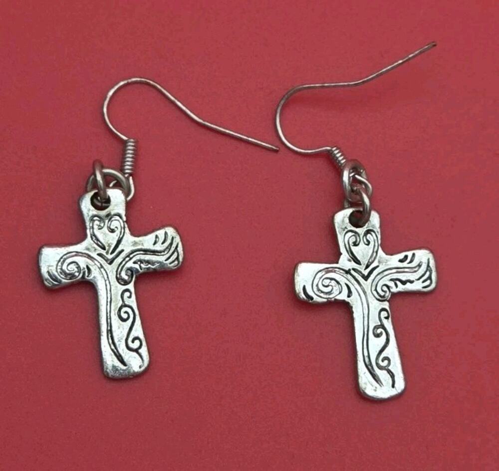 Cross Dangle Earrings Silver Tone Scroll Pattern Fashion Jewelry